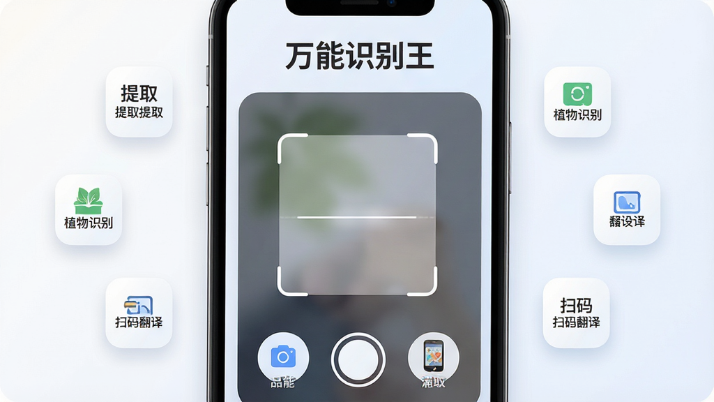 手机屏幕中央显示万能识别王软件主界面,界面顶部为“万能识别王”文字标识,中部为相机扫描框与功能图标按钮,背景为简洁浅色渐变,周围环绕悬浮的文字提取、植物识别、扫码翻译等小图标,整体布局清晰对称,风格为现代科技感扁平化设计,细节包含柔和光影与圆角卡片元素,画质高清,画面干净,无多余元素