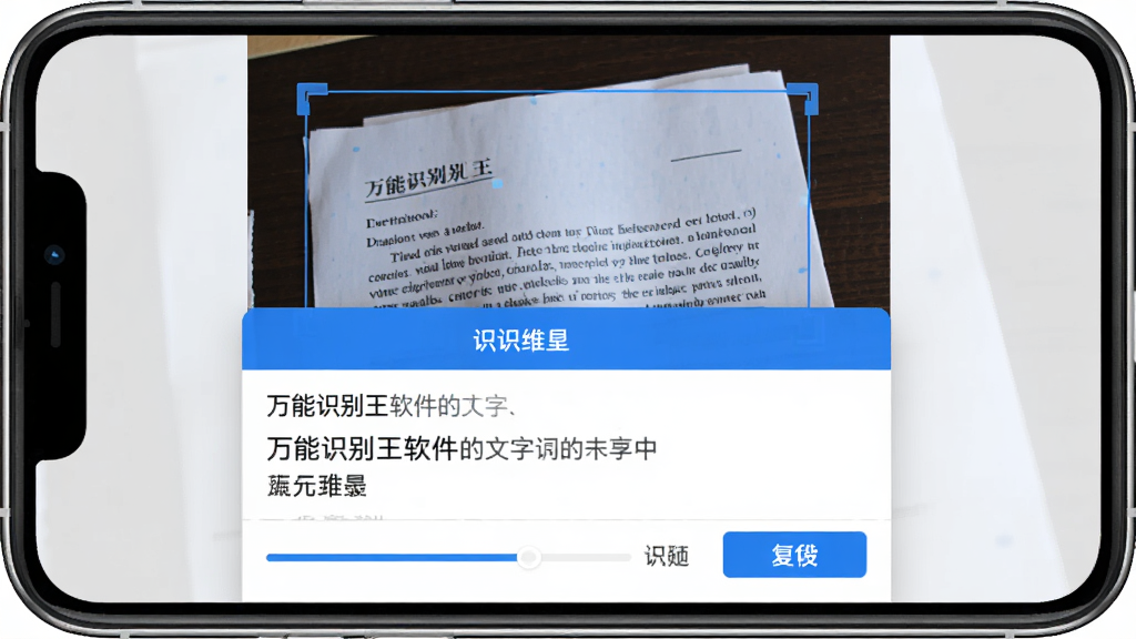 万能识别王软件的文字识别功能界面,手机屏幕中显示一张纸质文档照片,文档上覆盖蓝色识别框,下方弹出识别结果文字面板,面板内文字排列整齐,界面配色以蓝白为主,风格简洁商务,细节包含识别进度条与复制按钮,画质清晰,画面干净,无多余元素