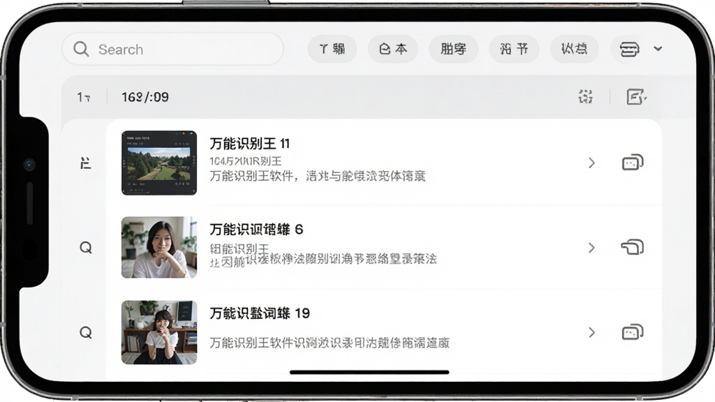 万能识别王软件的识别记录管理界面,手机屏幕中显示按时间排列的识别历史列表,每条记录带有缩略图与文字摘要,顶部有筛选标签栏,界面配色为浅灰与白色,风格素雅极简,细节包含搜索框与标签分类图标,画质高清,画面干净,无多余元素