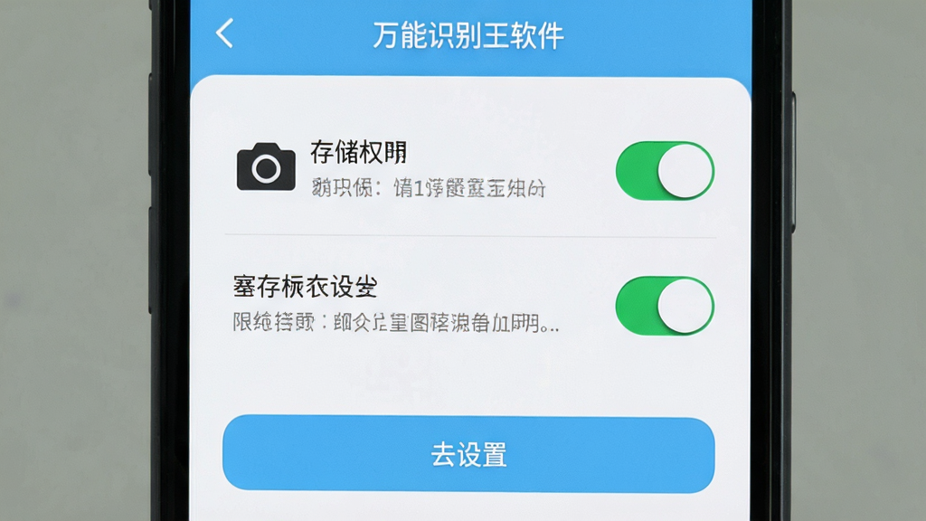 万能识别王软件在手机上的权限设置引导界面,屏幕显示相机与存储权限开关列表,界面配色为浅蓝与白色,风格清爽简洁,细节包含权限说明文字与“去设置”按钮,画质清晰,画面干净,无多余元素