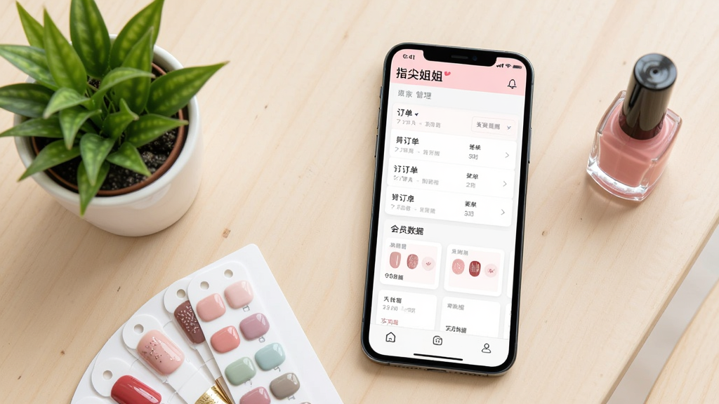 画面主体为一款智能手机,屏幕显示美甲店商家管理后台界面,包含订单列表和会员数据卡片,手机放置在浅色木质桌面上,旁边摆放美甲色卡和一支指甲油,布局为手机居中偏右,左侧留白放置一盆小绿植,整体风格清新明亮,细节上屏幕界面文字清晰可见顶部标注
