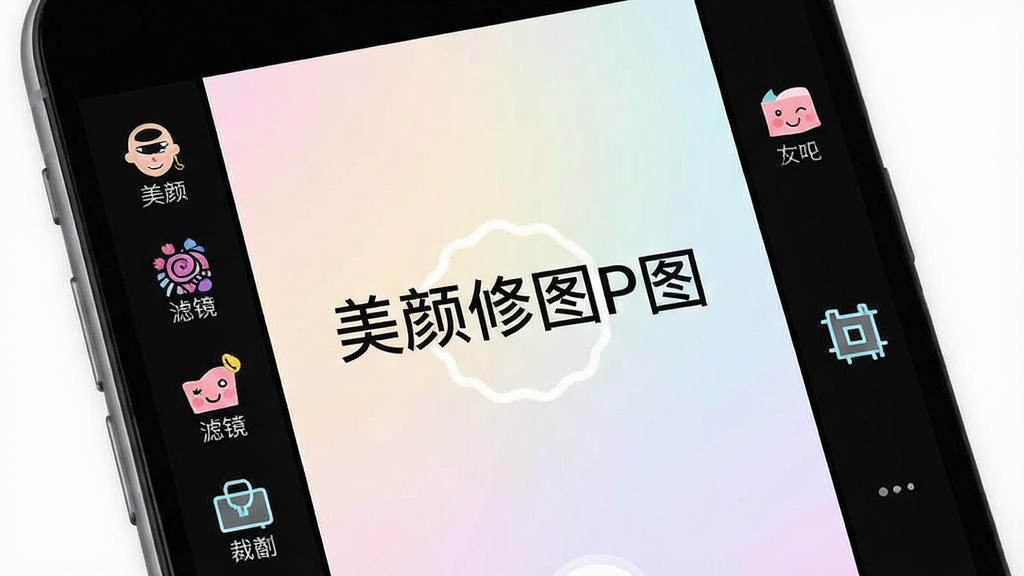 一张手机屏幕展示美颜修图P图软件主页界面,画面中央为软件名称“美颜修图P图”字样,左右两侧分布美颜、滤镜、贴纸、裁剪功能图标,背景为浅色渐变,风格简洁清爽,细节清晰,画质干净,无多余元素