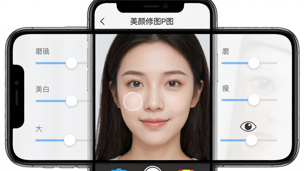 一部手机屏幕显示美颜修图P图智能美颜调节界面,画面中人物面部位于中央,周围环绕磨皮、美白、瘦脸、大眼滑块控件,软件名称“美颜修图P图”显示在顶部,界面风格清新明亮,细节清晰,画质干净