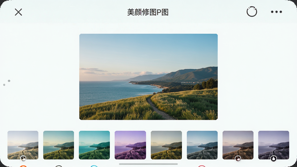 手机屏幕展示美颜修图P图滤镜选择页面,画面中央为一张风景照片,底部排列多个不同色调的滤镜缩略图,顶部标注“美颜修图P图”名称,风格清新浅色,布局整齐,细节清晰,画质干净