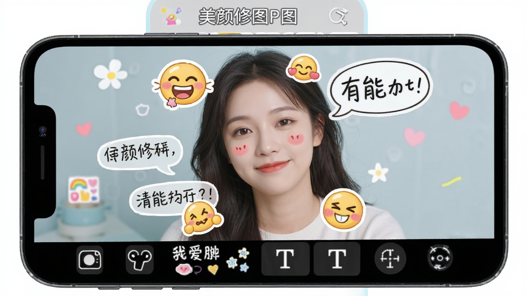 手机屏幕显示美颜修图P图贴纸文字编辑界面,画面中一张人物照片上叠加了可爱表情贴纸和手写文字气泡,底部工具栏展示贴纸与文字图标,顶部显示软件名称“美颜修图P图”,风格活泼清新,细节清晰,画质干净