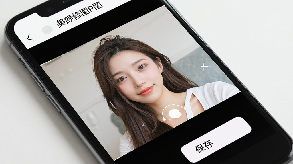 一部手机屏幕展示美颜修图P图保存导出界面,画面中为修图完成后的照片预览与保存按钮,顶部显示软件名称“美颜修图P图”,界面风格简洁明亮,细节清晰,画质干净,无多余元素