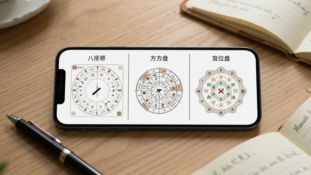 手机屏幕内并排展示三个不同排盘面板,分别为八字盘、方位盘与宫位盘,面板之间用细线分隔,每个面板标注简洁的中文标题,整体为浅色界面,手机平放在木质桌面上,旁边放着一支笔与一本摊开的笔记,风格为写实产品场景图,光线柔和,画质清晰,无多余元素