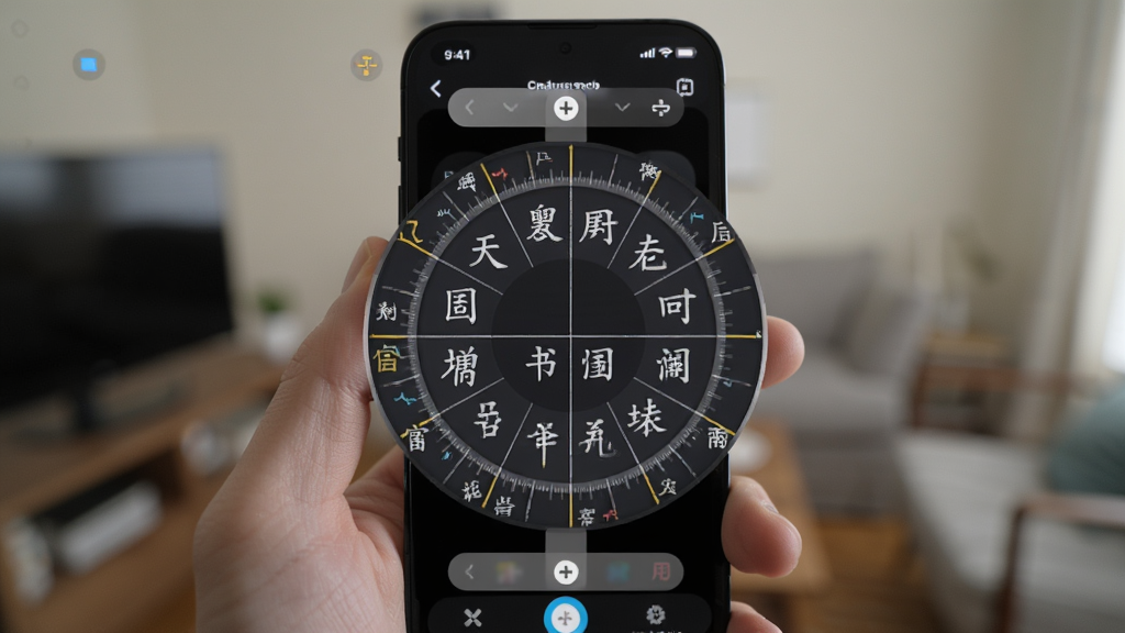 手机屏幕内展示放大的排盘局部区域,宫位格子内文字清晰可读,周围有半透明的缩放控制条,背景为深色模式界面,手机竖持在手中,背景为模糊的室内环境,风格为写实操作场景图,画质清晰,无多余元素