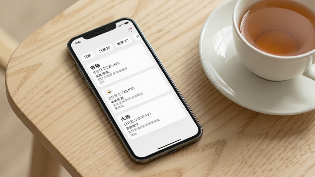 手机界面展示记录列表页,每条记录以卡片形式排列,卡片内包含名称、日期与简短备注,顶部有分类筛选标签,界面为浅色简约风格,手机平放在浅木色桌面,旁边有一杯茶,风格为写实生活场景图,画质干净,无多余元素
