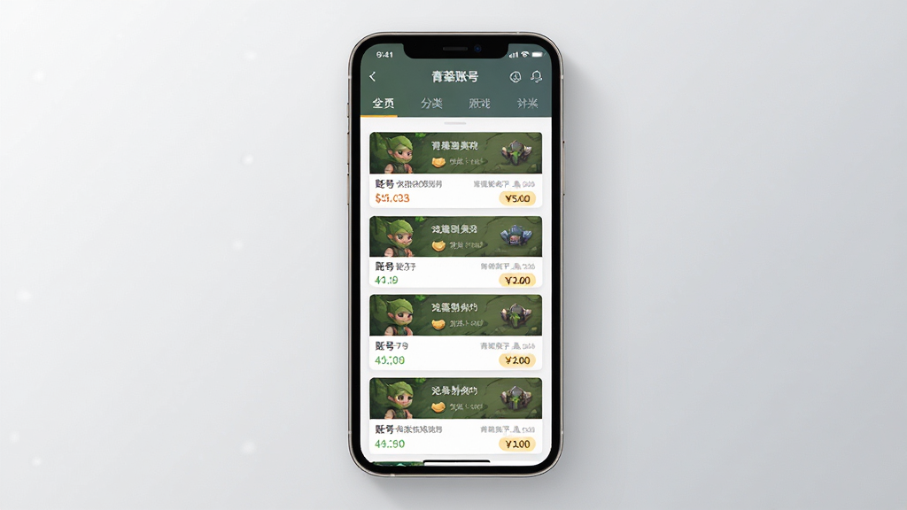 青苔游戏交易软件主界面全景展示,主体为一部竖屏手机屏幕,屏幕内呈现游戏账号交易列表页面,包含账号卡片、价格标签、分类导航栏,布局居中对称,排版简洁有序,风格为现代扁平化UI设计,细节上屏幕边缘有柔和光影、背景为浅灰渐变,画质高清、干净、无多余元素