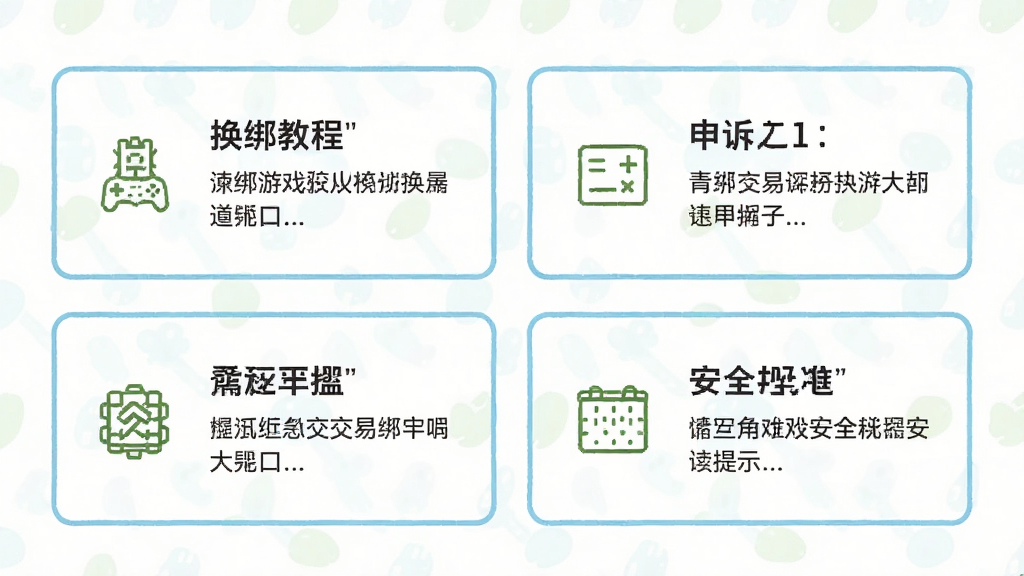 青苔游戏交易帮助中心页面展示,主体为手机屏幕内图文问答列表,包含换绑教程、申诉入口、安全提示三个卡片模块,布局为两列网格排列,排版规整,风格为清新浅色系,细节上卡片带浅蓝描边、图标为线性小图形,画质高清、干净、无多余元素