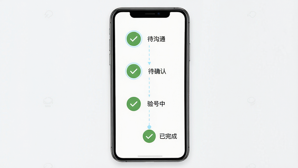 青苔游戏交易订单流程页面展示,主体为手机屏幕内订单进度时间轴,包含待沟通、验号中、待确认、已完成四个节点,布局为纵向排列居中,排版清晰,风格为简约商务风,细节上节点图标为圆形带勾选状态、连接线为浅蓝色虚线,画质高清、干净、无多余元素