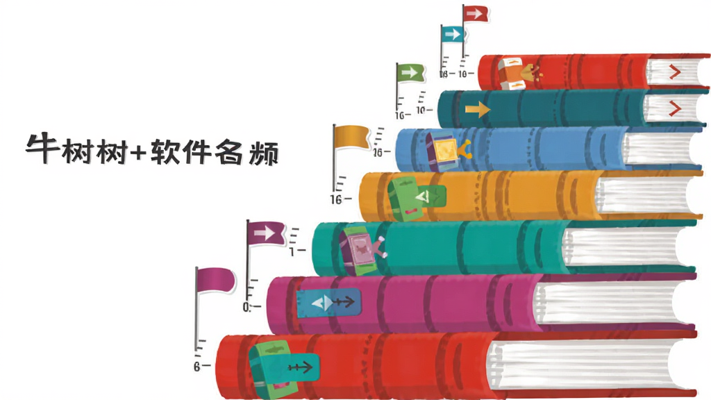 画面主体为一座由彩色书本堆叠而成的阶梯,阶梯从低到高排列,每层书本上标注不同颜色标签,布局采用纵向阶梯式构图,排版左侧留白放置牛津树+软件名称,风格为简约信息图风格,细节包含数字刻度、小旗帜、箭头指示,画质清晰干净无多余元素