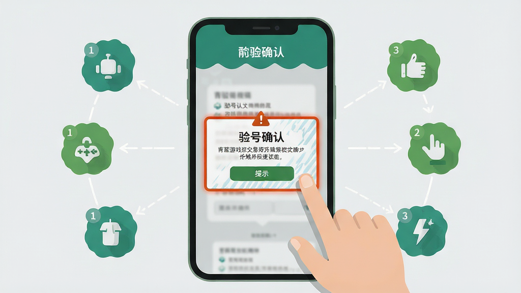 青苔游戏交易新手操作指引场景图,主体为手机屏幕与手势操作示意,屏幕内展示验号确认弹窗与提示文字,布局为手机居中、周围环绕步骤序号小图标,排版简洁,风格为扁平插画风,细节上配色以青绿与浅灰为主、弹窗带警示色边框,画质高清、干净、无多余元素