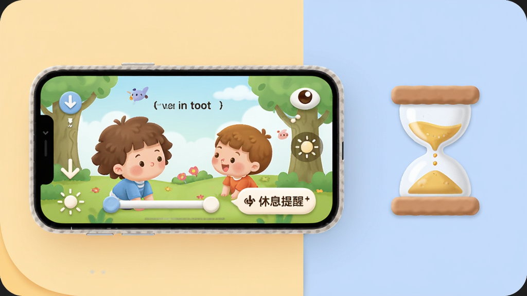 画面主体为一部手机横屏显示儿童绘本阅读界面,屏幕旁有一个沙漏和小眼睛图标,布局采用左右分栏构图,左侧手机右侧图标说明,排版整齐,风格为柔和圆角卡通风,细节包含缓存下载箭头、亮度滑块、休息提醒气泡,画质高清干净无多余元素