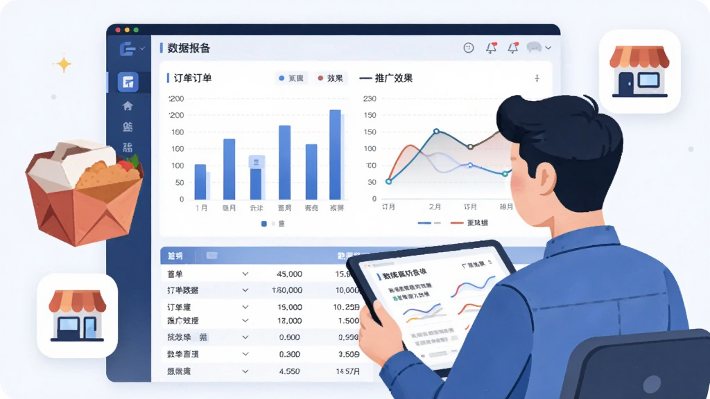 画面中央为一份数据报表界面,报表中包含柱状图与折线图,图表旁边放置外卖餐盒与店铺图标,一位商家模样的用户正在查看报表,布局采用上下结构,上方为图表下方为数据明细,风格为清爽商务插画,细节处体现订单数据与推广效果的关联展示,画质清晰干净,无杂乱元素