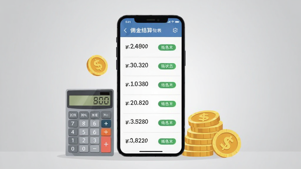 画面主体为一部手机,手机屏幕显示佣金结算列表,列表中包含金额数字与结算状态标签,手机旁边放置计算器与金币图标,背景为浅灰色渐变,布局采用居中构图,风格为简约商务插画,细节处体现财务记录与账目核对场景,画质清晰,画面干净无多余元素