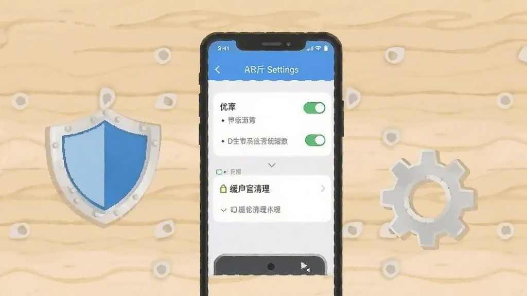 画面主体为一部手机放置在桌面上,手机屏幕显示应用设置界面,界面中包含权限开关与缓存清理选项,手机旁边放置盾牌图标与齿轮图标,背景为浅色木质桌面,布局采用俯视视角居中构图,风格为简约实用插画,细节处体现权限管理与运行优化场景,画质清晰干净,无多余元素