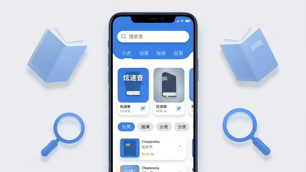 主体为一部竖屏安卓手机,屏幕中央显示炫速查应用主界面,顶部搜索框内有放大镜图标,下方排列书目卡片与分类标签;布局采用居中对称构图,手机两侧漂浮半透明书本与放大镜图形;排版突出搜索框与结果列表的层次感;风格为扁平化科技蓝配色,干净清爽;细节包含圆角图标、细阴影、浅灰背景;画质高清,画面干净,无多余元素。