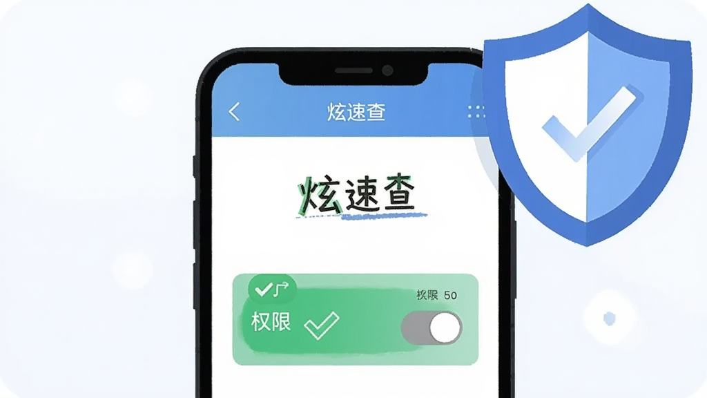 主体为一部手机屏幕显示炫速查设置页面与权限开关,旁边配一个盾牌图标;布局为手机居中、盾牌位于右上角;排版清晰;风格为扁平化安全主题插画;细节包含