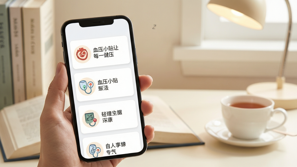 手机测血压健康科普页面展示,手机屏幕中呈现图文并茂的健康知识卡片列表,包含血压小贴士图标与简洁文字排版,背景为柔和米白色调的书房场景,风格温和亲切,细节包含书本与茶杯元素,画质清晰,干净无多余元素