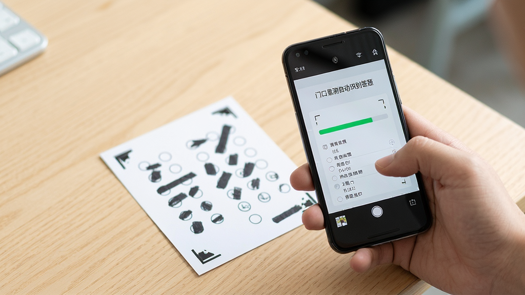一张表现门口易测自动识别答题卡过程的场景图,画面中一只手拿着安卓手机对准桌面上的答题卡进行拍摄,手机屏幕内显示识别进度条和已识别出的选项结果,答题卡上可见清晰的填涂黑块和定位角标,桌面为浅木色,背景虚化,风格为写实产品使用场景,构图采用俯视四十五度角,光线明亮自然,画质清晰干净