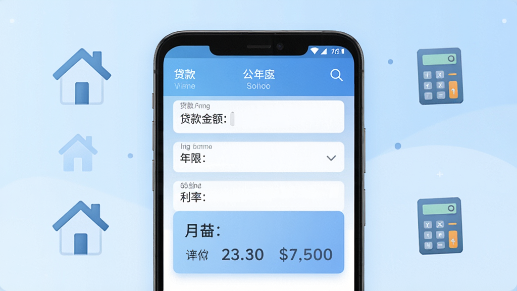 手机公积金计算宝应用主界面展示,画面中央是一部竖屏安卓手机,屏幕内呈现公积金贷款计算器界面,包含贷款金额、年限、利率输入框与月供结果卡片,背景为浅蓝渐变色调,周围点缀简洁的住房与计算器图标,整体风格清爽现代,画质清晰,干净无多余元素