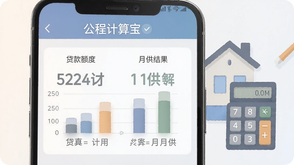 手机公积金计算宝贷款试算功能界面,手机屏幕中展示贷款额度与月供结果图表,数字清晰醒目,旁边配有住房与计算器图形元素,整体采用扁平化设计风格,色调柔和,画质干净清晰