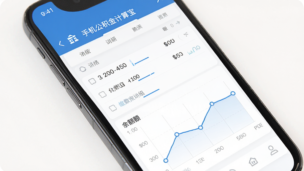 手机公积金计算宝缴存信息展示页面,手机屏幕内呈现缴存明细列表与余额趋势折线图,界面布局整齐,配色以蓝白为主,风格简约商务,画质清晰,无杂乱元素