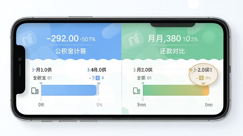 手机公积金计算宝还款方式对比界面,手机屏幕左右分栏展示两种还款方案的月供数字与对比条形图,视觉层次分明,配色清新,整体风格简洁,画质细腻干净