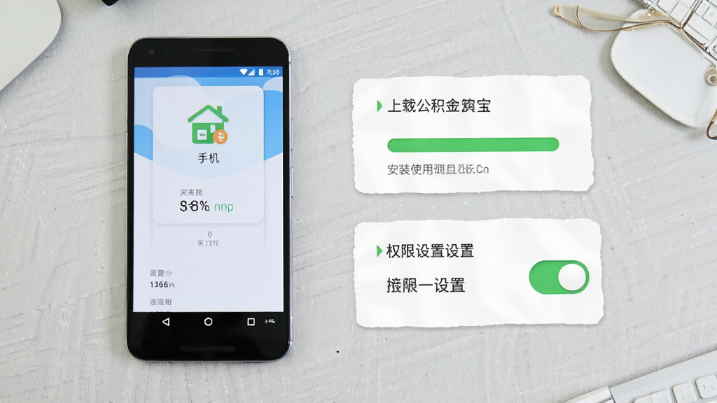 手机公积金计算宝安装与使用场景示意图,画面展示一部安卓手机旁放置下载安装进度卡片与权限设置开关图标,背景为浅灰质感桌面,风格简洁明了,画质清晰,干净无多余元素