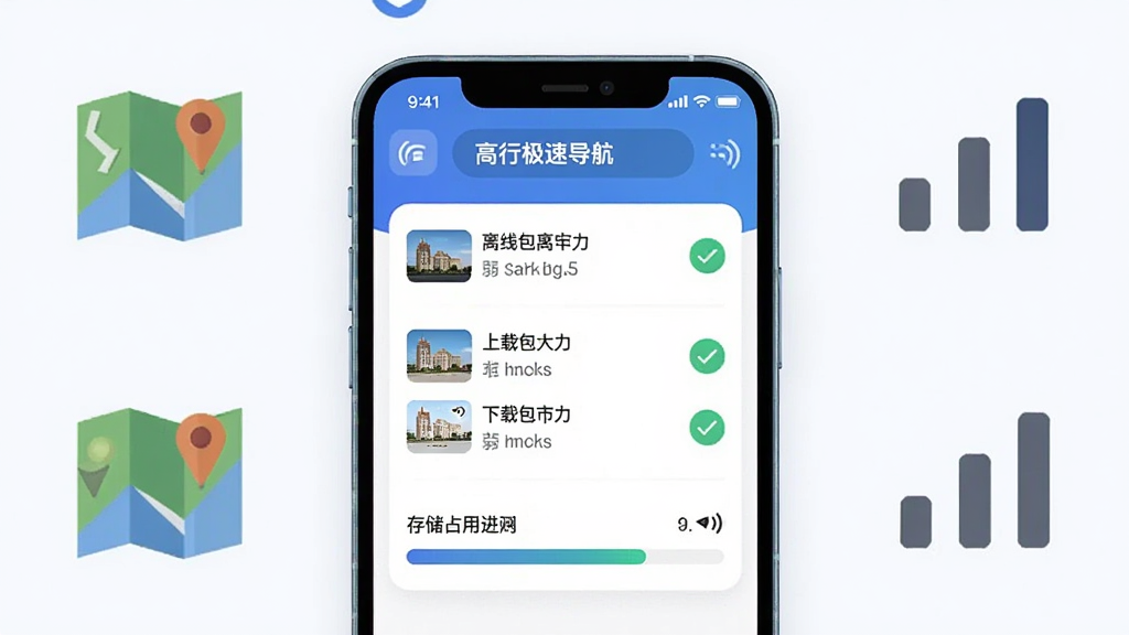 主体为高行极速导航的离线地图管理界面,手机屏幕上显示已下载城市列表与存储占用进度条;布局为手机正面平放,周围有地图折叠图标与信号格图标点缀;排版简洁,信息层级分明;风格为扁平化科技插画风格;细节包括离线包大小标注、下载完成对勾、弱网信号图标;画质高清,画面干净,无多余元素