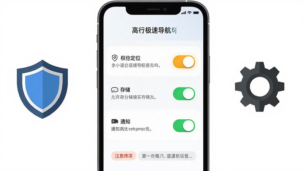 主体为高行极速导航的权限设置引导页面,手机屏幕显示定位、存储、通知三项权限开关;布局为手机居中,旁边配有盾牌与齿轮图标;排版清晰,重点开关用高亮色标注;风格为扁平化界面展示风格;细节包括权限说明文字、允许按钮、注意事项小标签;画质高清,画面干净,无多余元素