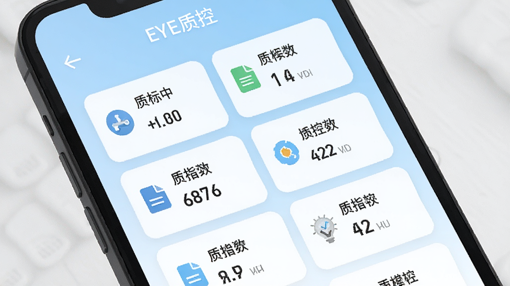 一款名为“EYE质控”的手机应用界面特写,屏幕中央展示质控指标卡片列表,每张卡片包含指标名称与数值,卡片排列整齐,背景为浅蓝色渐变,界面风格简洁专业,扁平化图标,画质清晰,干净无多余元素