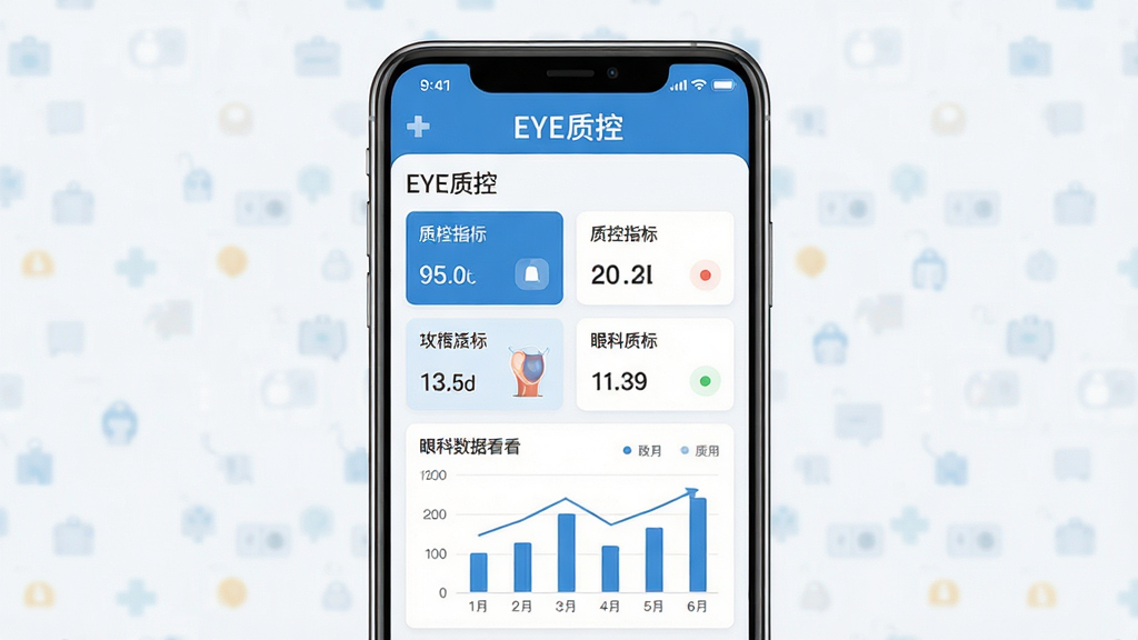手机屏幕居中展示一款名为“EYE质控”的安卓应用界面,界面顶部有“EYE质控”文字标识,主区域为眼科质控数据看板,包含质控指标卡片与图表,整体布局清晰,蓝色医疗科技风格,扁平化设计,细节精致,画质清晰,干净无多余元素