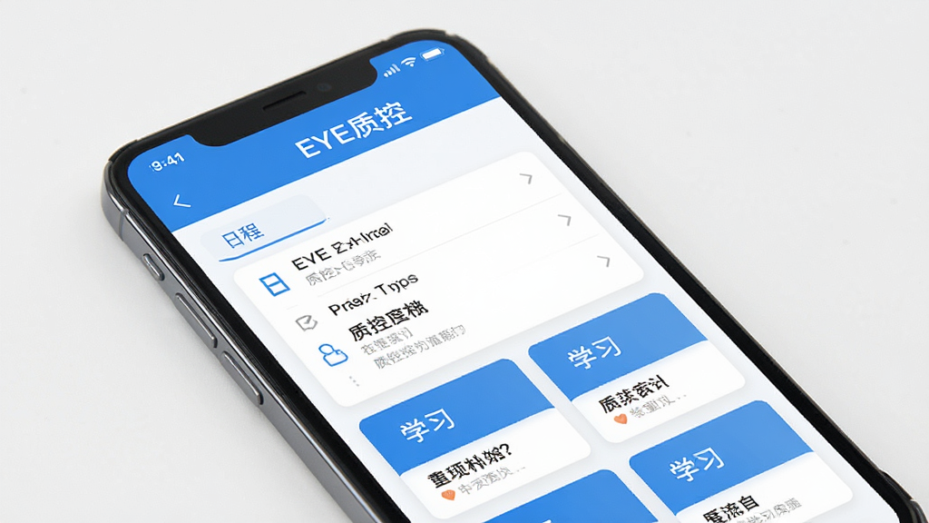 手机屏幕显示“EYE质控”应用内的质控计划与学习页面,页面包含日程列表与学习卡片,界面顶部有“EYE质控”字样,整体采用蓝白配色,布局规整,风格清新简洁,画质清晰,干净无多余元素
