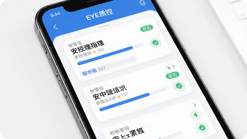 一款名为“EYE质控”的手机应用界面,屏幕展示质控安全管理指标页面,包含指标条目与状态标识,界面采用卡片式布局,配色以蓝色和白色为主,风格专业简洁,细节清晰,画质干净,无多余元素