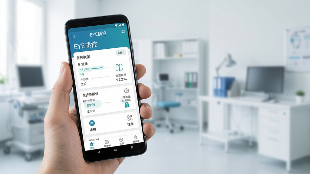一只手握持安卓手机,手机屏幕显示“EYE质控”应用主界面,界面包含质控数据概览与功能入口,背景为简洁的医疗办公环境虚化处理,整体风格现代商务,画质清晰,干净无多余元素