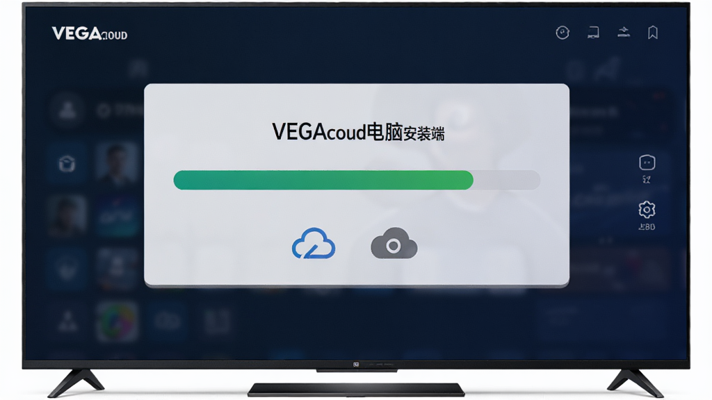 VEGA云电脑TV电视端安装操作界面展示 主体为智能电视屏幕显示安装进度 布局居中 排版简洁 风格写实 细节清晰 画质干净 无多余元素