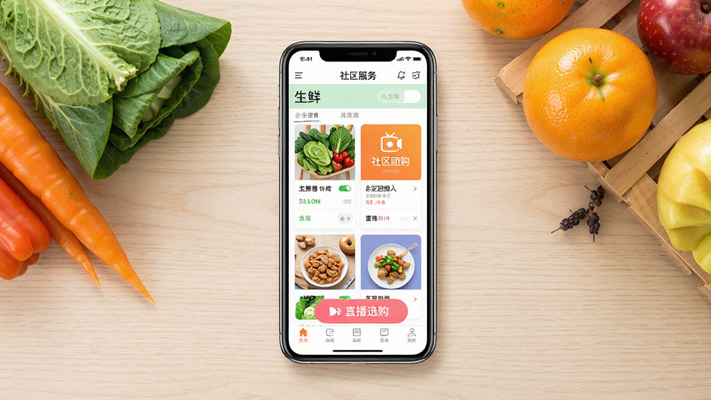 每家盈软件主界面展示图,主体为一部智能手机屏幕,屏幕内呈现社区生活服务APP首页布局,包含生鲜商品卡片、社区团购入口、直播选购按钮等模块,手机置于浅色木质桌面之上,旁边点缀新鲜蔬菜与水果,布局居中对称,风格清新明亮,细节丰富,画质清晰,干净整洁,无多余元素
