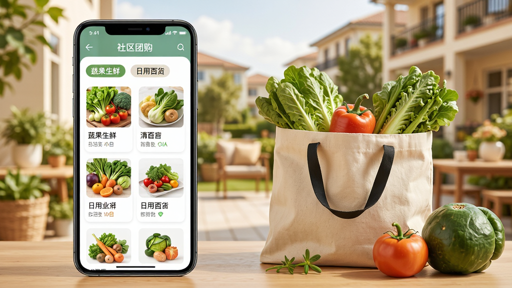 每家盈社区团购功能界面示意图,画面主体为手机屏幕显示社区团购商品列表,包含蔬果生鲜、日用百货等分类标签,屏幕旁放置购物袋与新鲜食材,背景为温馨社区场景,布局左中右结构,风格生活化,细节清晰,画质干净,无多余元素