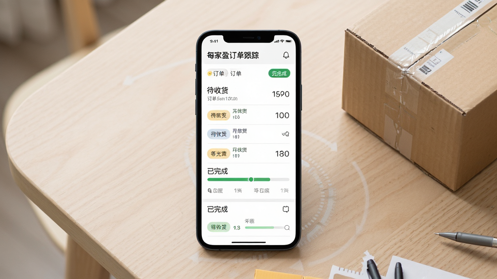 每家盈订单跟踪界面展示图,主体为手机屏幕显示订单列表与配送进度条,画面中包含待收货、已完成等状态标签,手机放置在浅色桌面上,旁边有快递包装盒,布局居中,风格简洁商务,细节清晰,画质干净,无多余元素