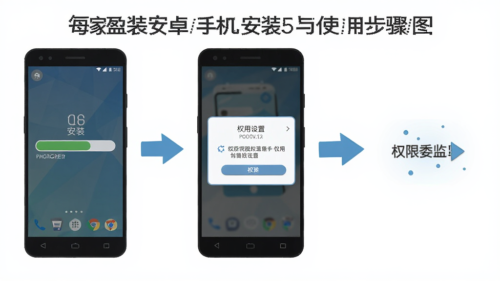 每家盈安卓手机安装与使用步骤示意图,画面主体为一部手机展示安装进度条与权限设置弹窗,旁边配有箭头指示流程步骤,布局从左至右排列,风格扁平化教程图示,细节清晰,画质干净,无多余元素