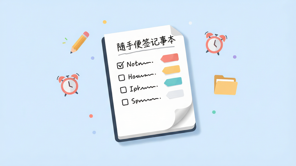画面主体为一本悬浮在浅蓝色背景中的极简数字便签本,便签页面上显示手写风格的待办清单与彩色标签,周围环绕着轻巧的图标元素如铅笔、闹钟、文件夹,整体采用扁平化插画风格,布局居中对称,排版干净留白充足,细节上便签边缘带有轻微卷角与柔和阴影,画质清晰锐利,画面干净无多余装饰元素,突出“随手便签记事本”的轻量记录氛围
