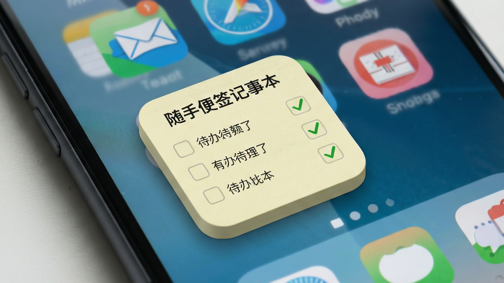 画面主体为手机桌面场景,桌面上放置一个方形便签小部件,部件内显示三条待办事项与勾选框,周围排列着常规应用图标,布局以桌面小部件为视觉焦点,排版自然,风格为写实手机界面展示,细节上图标阴影柔和、便签文字清晰可读,画质高清,画面干净无杂乱,体现“随手便签记事本”的桌面便捷特性