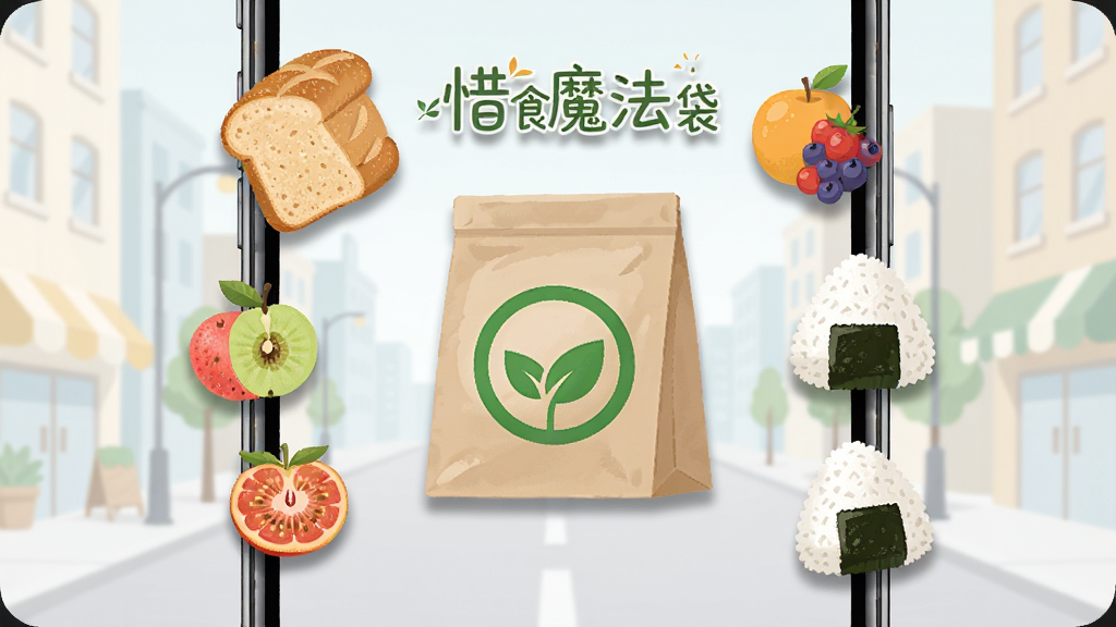 手机屏幕中显示一个带有绿色环保标识的食品袋图标,周围环绕着面包、水果、饭团等食物元素,背景为浅色城市街景,画面中央有“惜食魔法袋”文字,布局简洁居中,风格清新扁平化,细节包括食物纹理和图标阴影,画质清晰干净,无多余元素