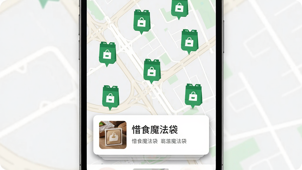 手机界面展示地图模式,地图上分布多个绿色食品袋图标标记,屏幕下方弹出商家卡片显示面包店名称与“惜食魔法袋”字样,画面布局为手机居中,风格现代简约,细节包括地图道路线条和卡片阴影,画质高清干净,无多余元素