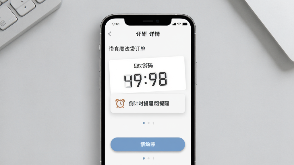 手机屏幕显示惜食魔法袋订单详情页,页面中有取袋码和倒计时提醒,旁边有闹钟图标,背景为浅灰桌面,布局为手机居中展示,风格实用简洁,细节包括数字倒计时和按钮阴影,画质清晰干净,无多余元素