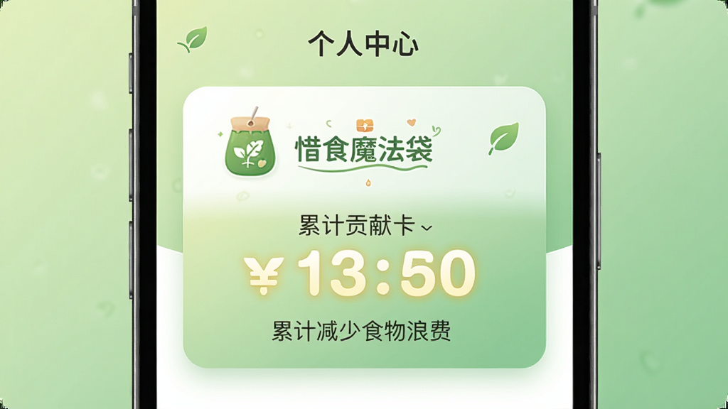 个人中心页面展示环保贡献卡片,卡片上有“惜食魔法袋”标志和累计减少食物浪费的数值,背景为柔和绿色渐变,布局为手机屏幕居中,风格温馨简洁,细节包括数字高亮和图标点缀,画质清晰干净,无多余元素