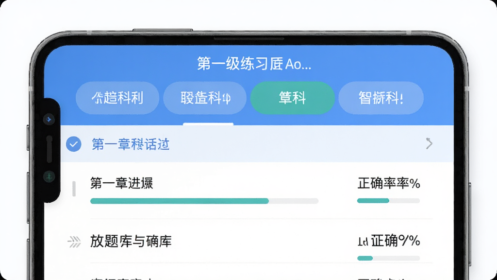 一级造价师智题库章节练习界面,主体为手机屏幕内显示四科科目标签与章节列表,布局上下分层,排版整齐,风格清新扁平,细节包括进度条与正确率百分比,画质干净,无多余元素